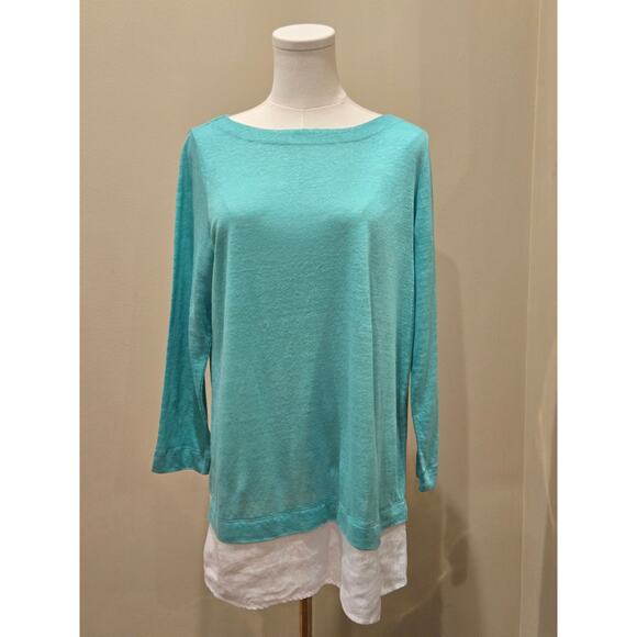 J Jill Love Linen 100% Linen Blue Green Tunic Crewneck Layered 3/4 Sleeves Small - Picture 2 of 9